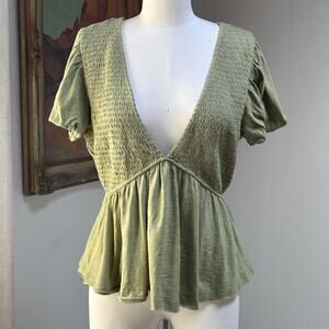 Babydoll Peplum Top Cotton Smocked Open Back Puff Sleeve Boho L Free People